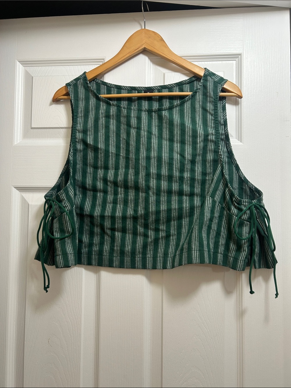 Green Striped Sleeveless Tie-Side Crop Top